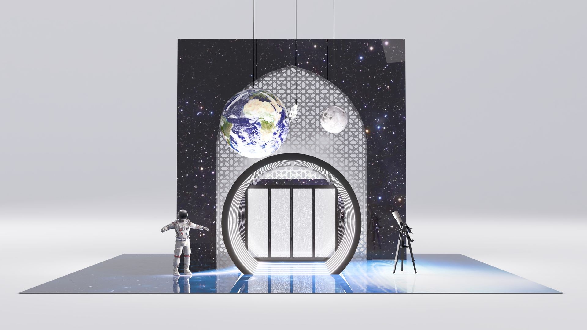 Space-themed 3D exhibition booth with astronaut figure and cosmic visuals – an interactive booth design rendered for events and expos in Saudi Arabia.