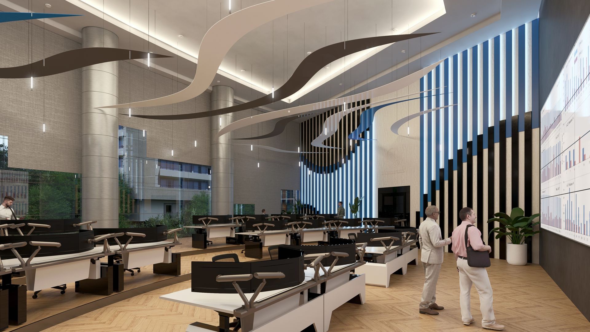 3D rendered interior of a modern open-plan workstation in Jeddah, KSA, featuring suspended wave-style ceiling panels, LED lighting, and custom design elements for corporate spaces in Saudi Arabia.