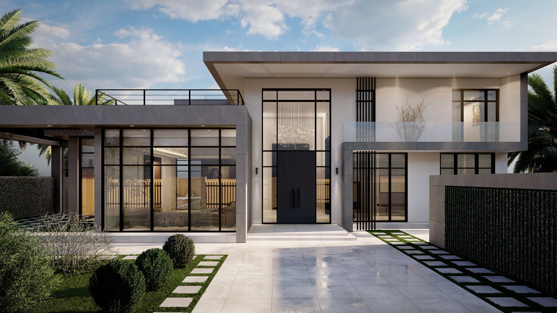 Front elevation of Ar-Rabyah Villa in Saudi Arabia, featuring minimalist modern design with Stone Trace Crest cladding, large glass windows, and clean architectural lines.